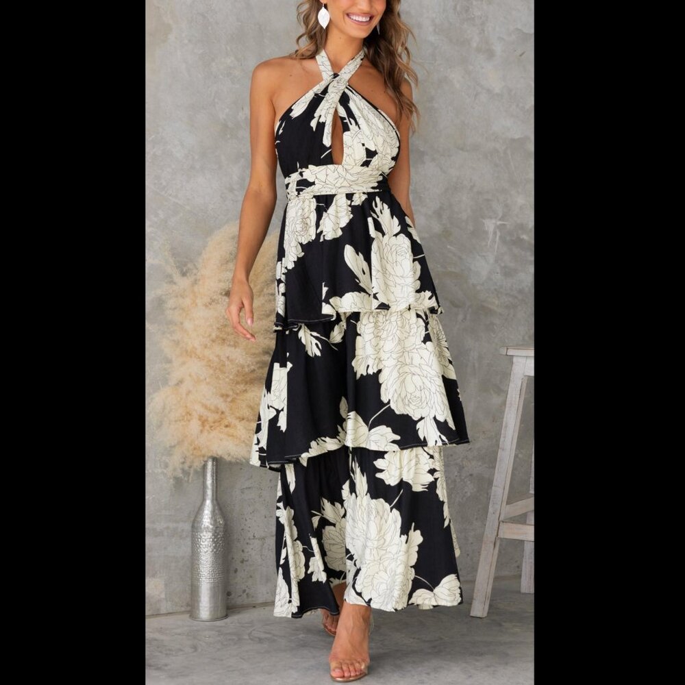 Toperth Black Floral Halterneck Tiered Maxi Dress Size M - NWT